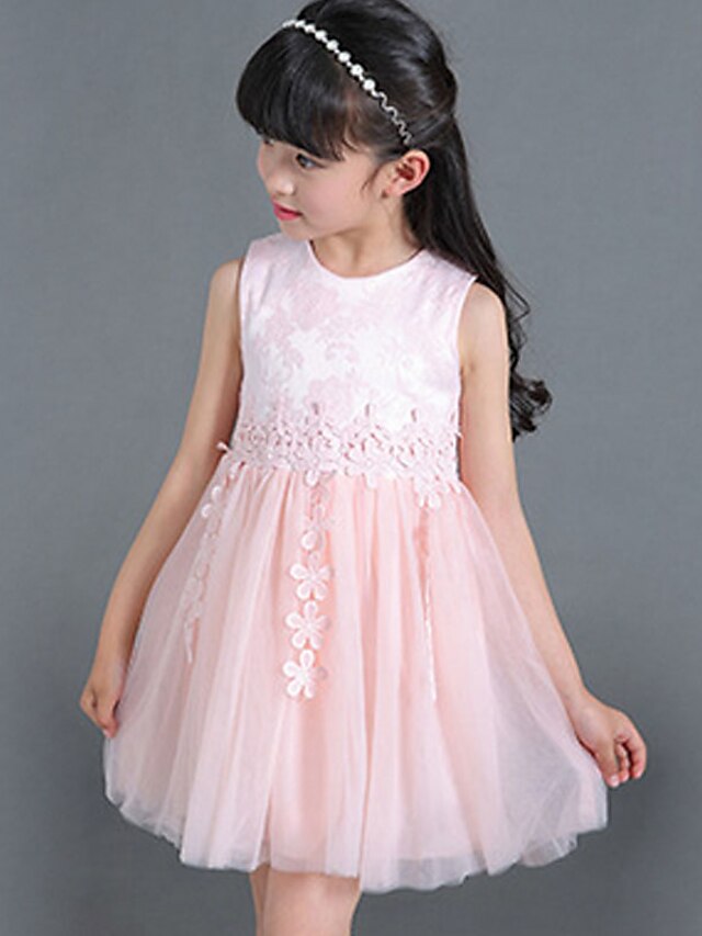  Sukienka-Dziewczyny-Codzienne-Jendolity kolor-Bawełna-Lato-Różowy / Biały