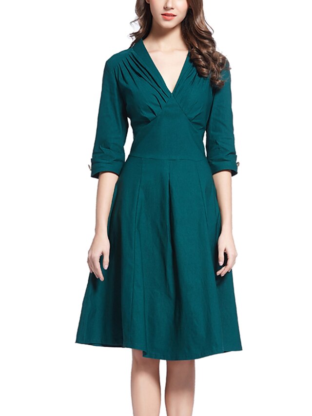  Women's Navy Blue Green Dress Vintage Street chic Going out Swing Solid Colored Deep V Ruched S M / Cotton