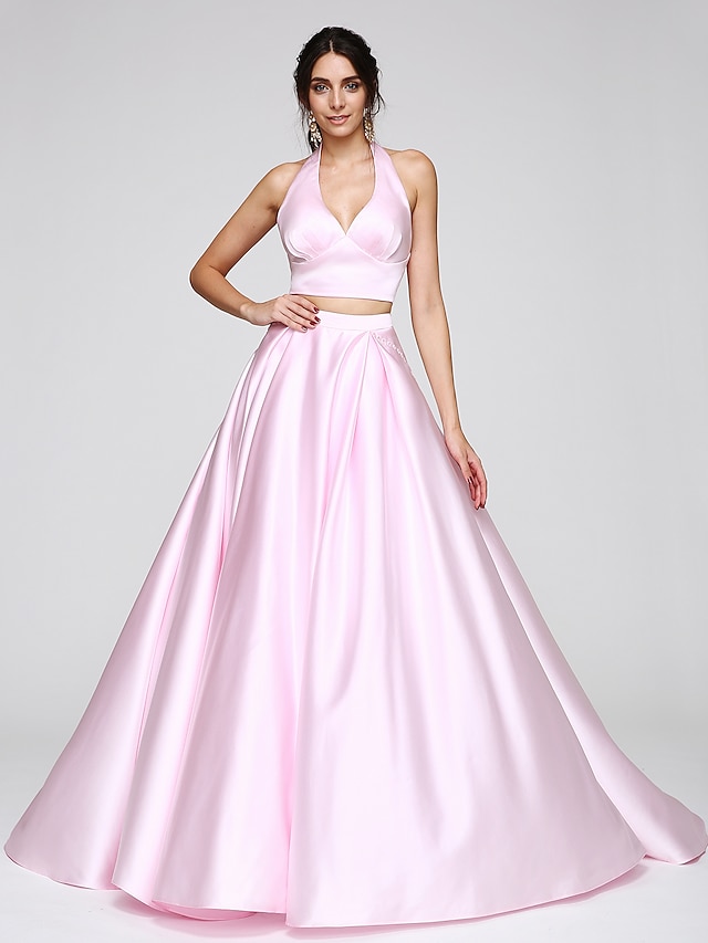  Ball Gown Two Piece Dress Formal Evening Sweep / Brush Train Sleeveless Halter Neck Satin with Pleats