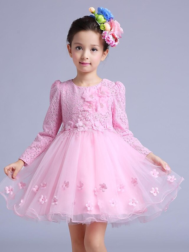  A-line Knee-length Flower Girl Dress - Cotton Lace Tulle Jewel with Beading Bow(s) Flower(s)
