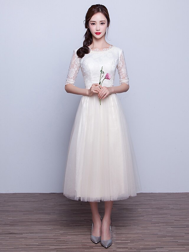  A-Line Boat Neck Tea Length Lace / Tulle Dress with Bow(s) by LAN TING Express