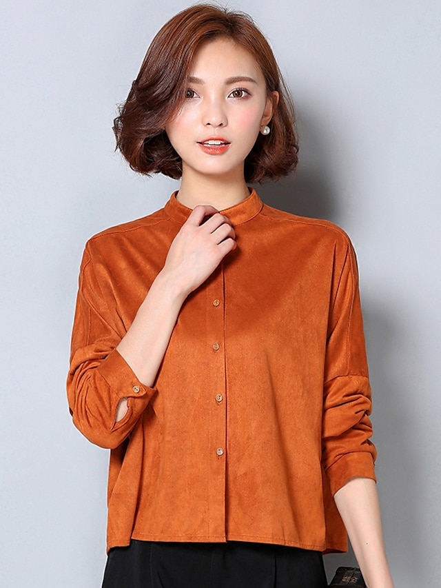  Women's Solid Colored Shirt - Cotton Simple Work Stand Yellow