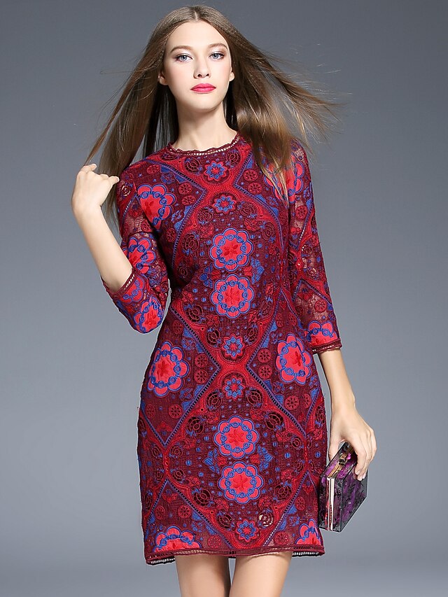  Boutique S Women's Going out Vintage Sheath Dress,Floral Round Neck Above Knee ¾ Sleeve Red Polyester