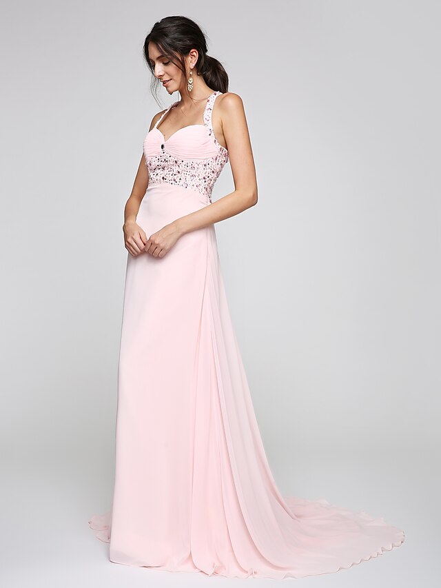  A-Line Open Back Formal Evening Dress Straps Sleeveless Court Train Chiffon with Ruched Beading 2020