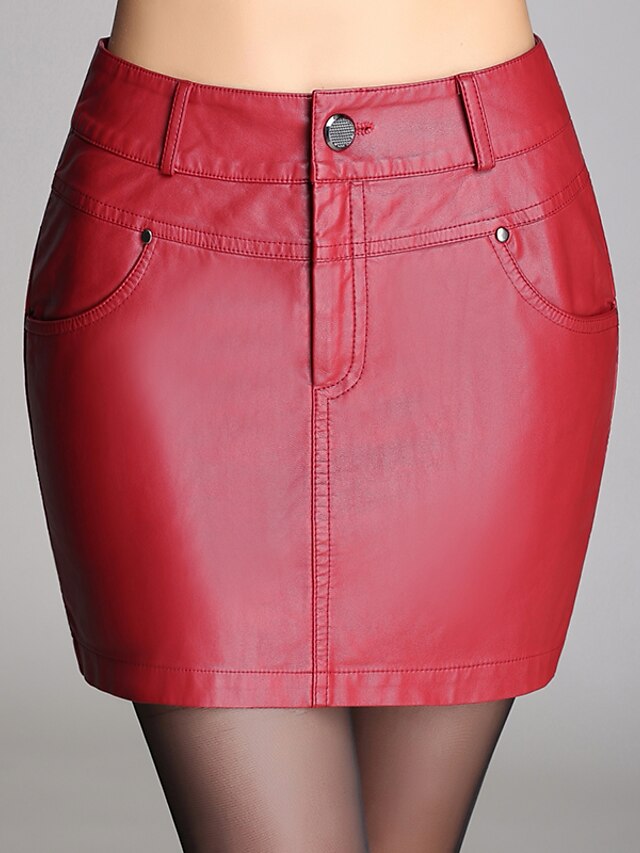  Damskie Puszysta PU Bodycon Spódnice Solidne kolory Czarny Czerwony M L XL / Szczupła