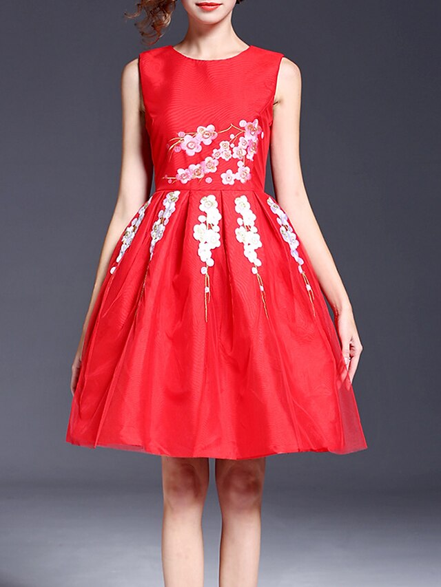  Women's Party Sophisticated A Line / Sheath Dress - Floral Pleated Summer Red