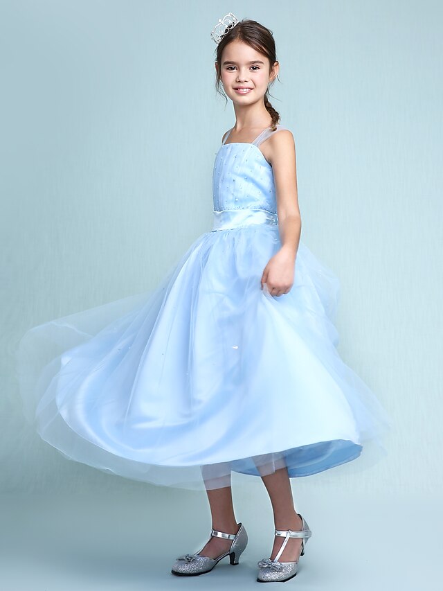  Ball Gown Straps Knee Length Satin / Tulle Junior Bridesmaid Dress with Sash / Ribbon / Beading / Ruffles