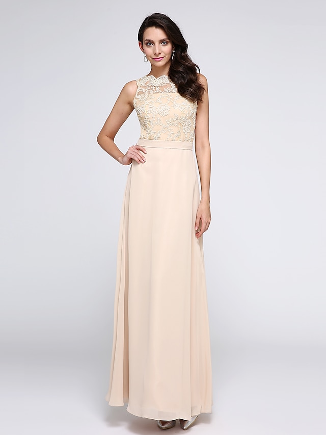  Sheath / Column Beautiful Back Dress Holiday Cocktail Party Ankle Length Sleeveless Jewel Neck Chiffon with Lace 2023
