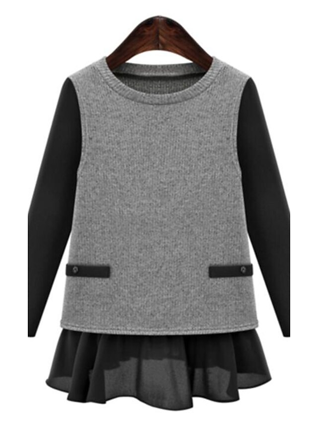  Women's Plus Size Street chic Regular Pullover,Patchwork Black Gray Round Neck Long Sleeve Cashmere Fall Medium Micro-elastic