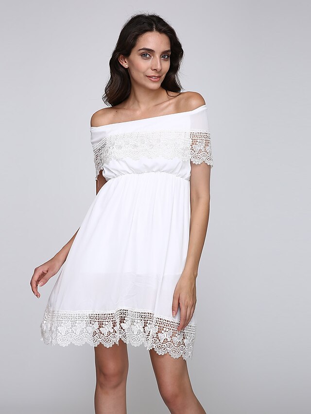  Women's A-Line Dress Short Sleeve Solid Colored Mesh Summer Cotton Off Shoulder White S M L XL