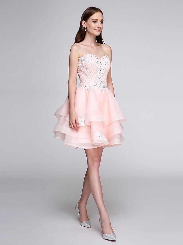  A-Line Holiday Homecoming Cocktail Party Dress Sweetheart Neckline Sleeveless Short / Mini Organza with Beading Appliques  / Prom