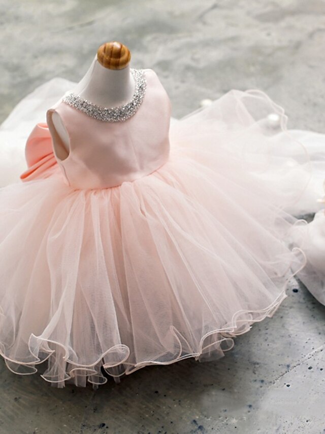  Ball Gown Short / Mini Flower Girl Dress - Tulle Sleeveless Jewel Neck with Beading / Bow(s) by