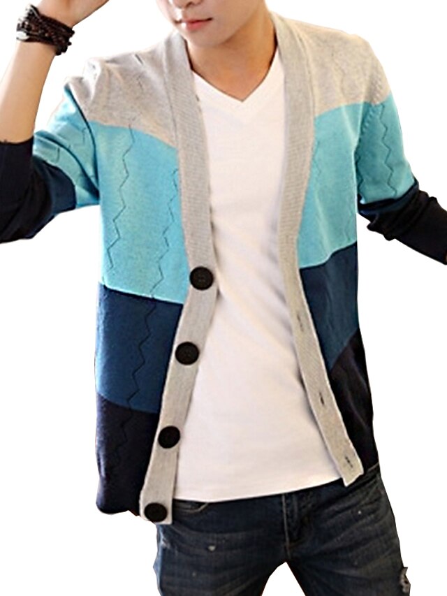  Hombre Diario / Trabajo A Rayas Manga Larga Regular Cardigan Jersey de punto Primavera / Otoño / Invierno Naranja / Verde / Azul M / L / XL