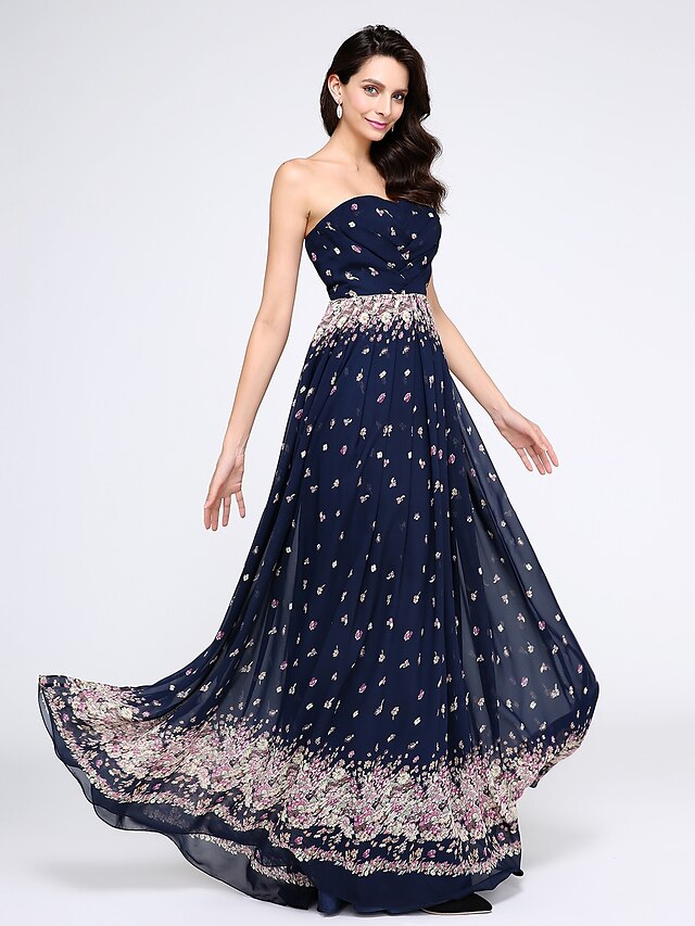  A-Line Pattern Dress Prom Formal Evening Dress Strapless Sleeveless Floor Length Chiffon with Criss Cross Pattern / Print