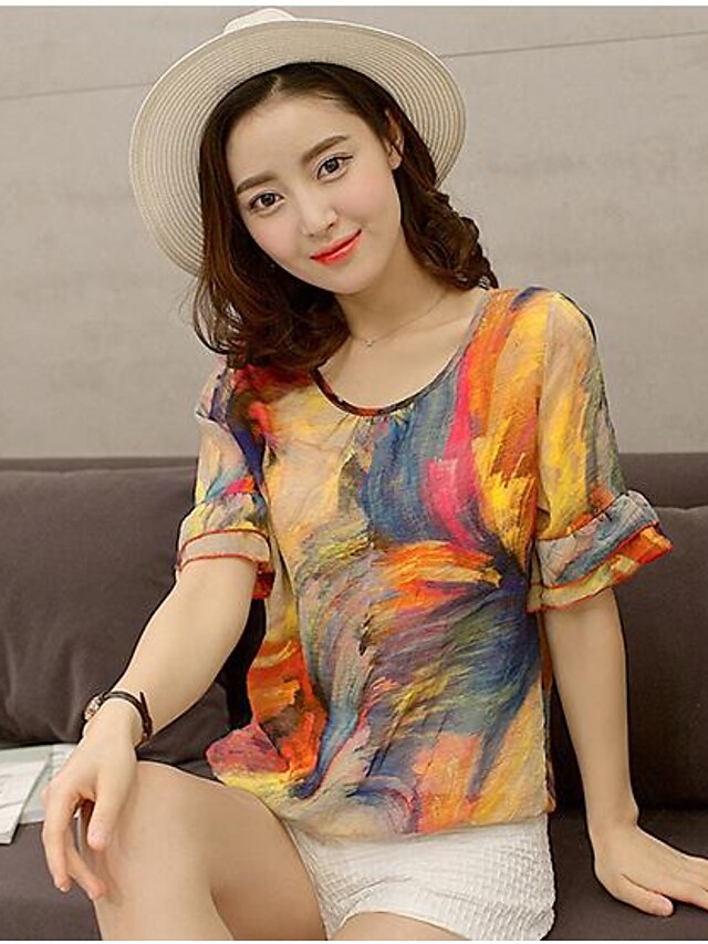  Women's Casual/Daily Sexy Summer / Fall Blouse,Print Round Neck Short Sleeve Orange Polyester Medium