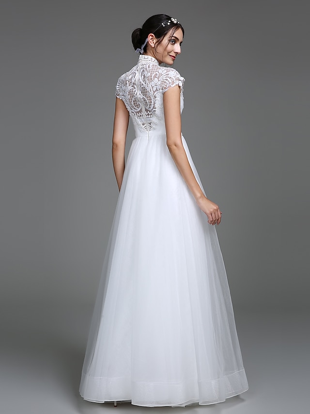  Hall Wedding Dresses A-Line High Neck Cap Sleeve Floor Length Lace Bodice Bridal Gowns With Pattern 2023