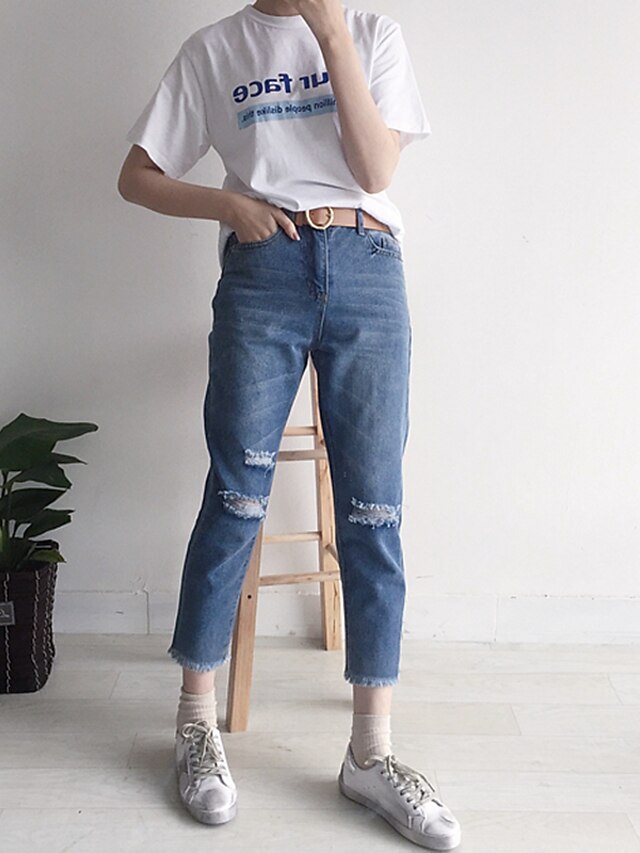  Women's Solid Blue Jeans Pants,Simple