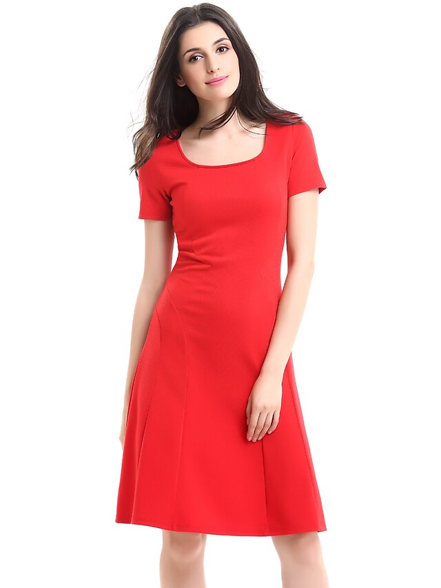  Women's Plus Size Street chic Cotton A Line Dress - Solid Colored Red