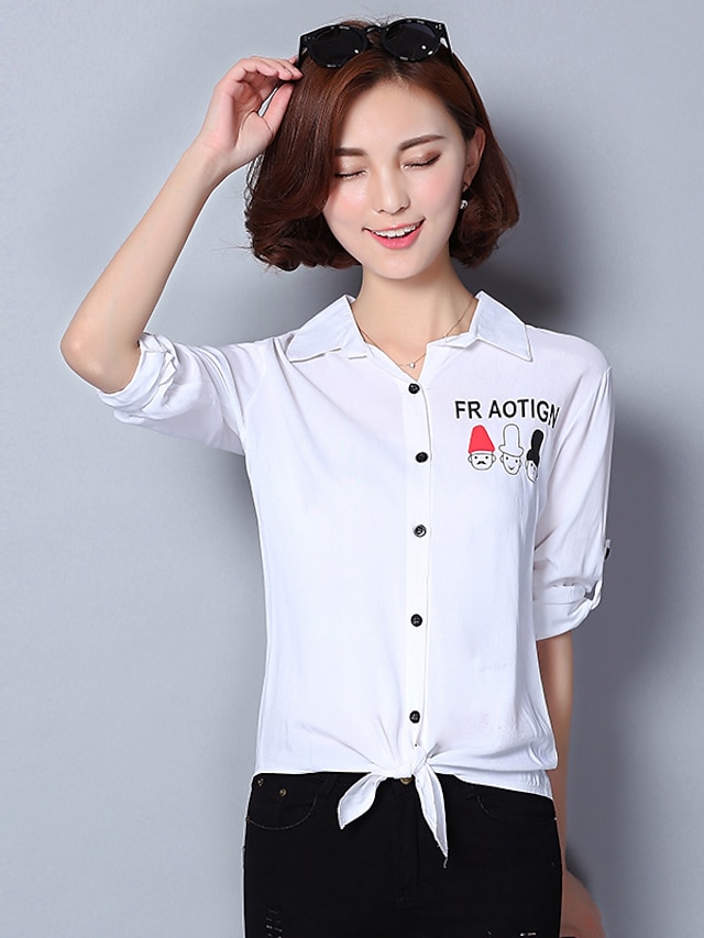  Women's Print Shirt - Cotton Simple Casual / Daily Shirt Collar White