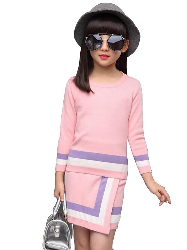  Girls' 3D Striped Clothing Set Long Sleeve Spring Fall Winter Stripes Rayon Casual Daily