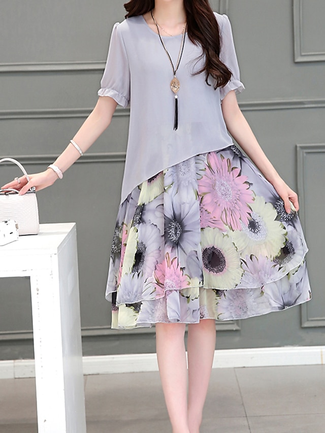  Women's Going out Plus Size Casual Loose Dress,Floral Round Neck Knee-length Short Sleeves Cotton Summer Low Rise Micro-elastic