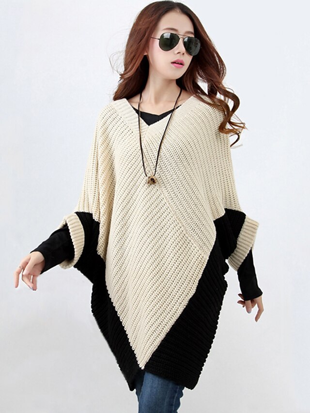 Women's Long Sleeve Batwing Sleeve Cotton Long Pullover - Color Block V Neck / Fall / Winter