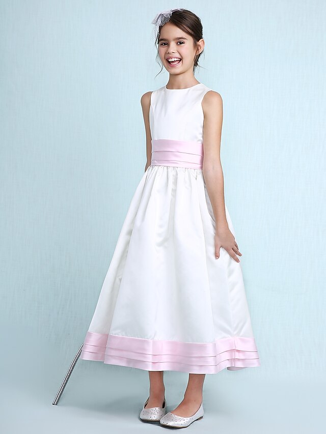  Princess / A-Line Jewel Neck Knee Length Satin Junior Bridesmaid Dress with Sash / Ribbon / Ruched / Ruffles