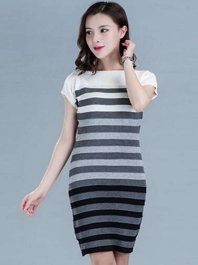  Women's White Black Dress Street chic Summer Casual / Daily Bodycon Striped Boat Neck / Cotton