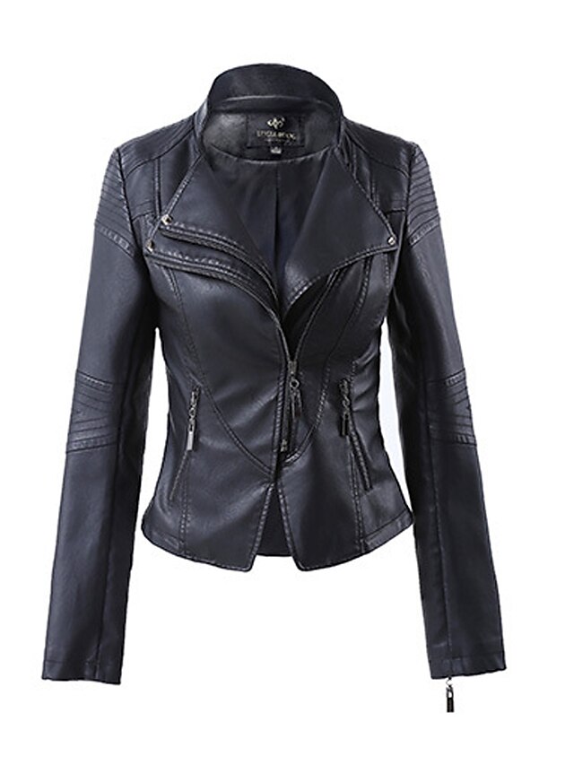 Women's Faux Leather Jacket Solid Colored Long Sleeve Coat Fall Spring ...