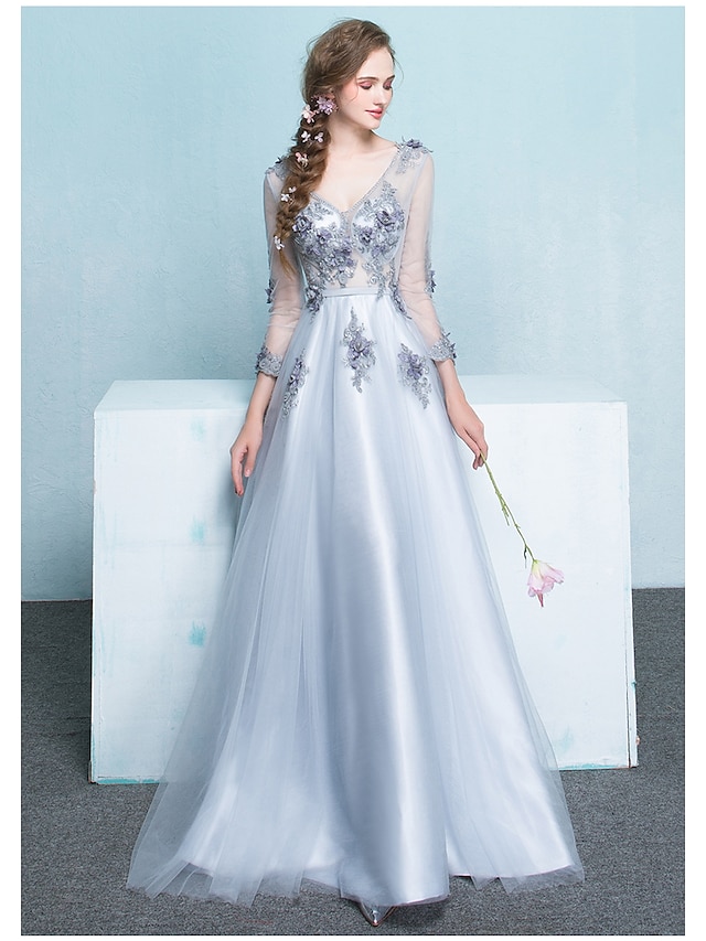 A-Line See Through Prom Formal Evening Dress V Neck Long Sleeve Floor Length Tulle with Beading 2020