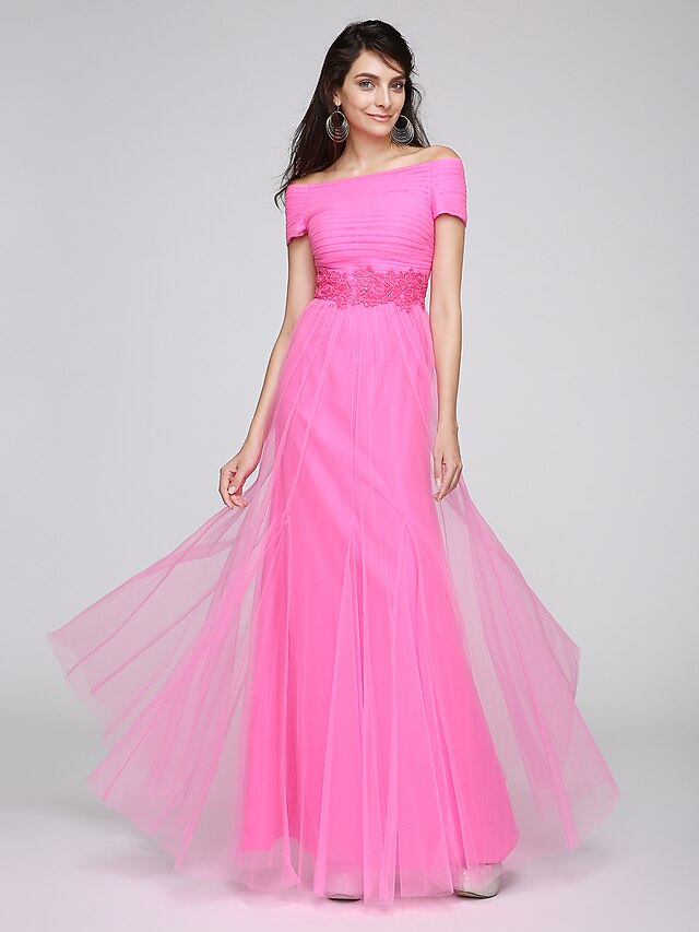 Sheath / Column Elegant Prom Formal Evening Dress Bateau Neck Short Sleeve Floor Length Tulle with Beading Appliques