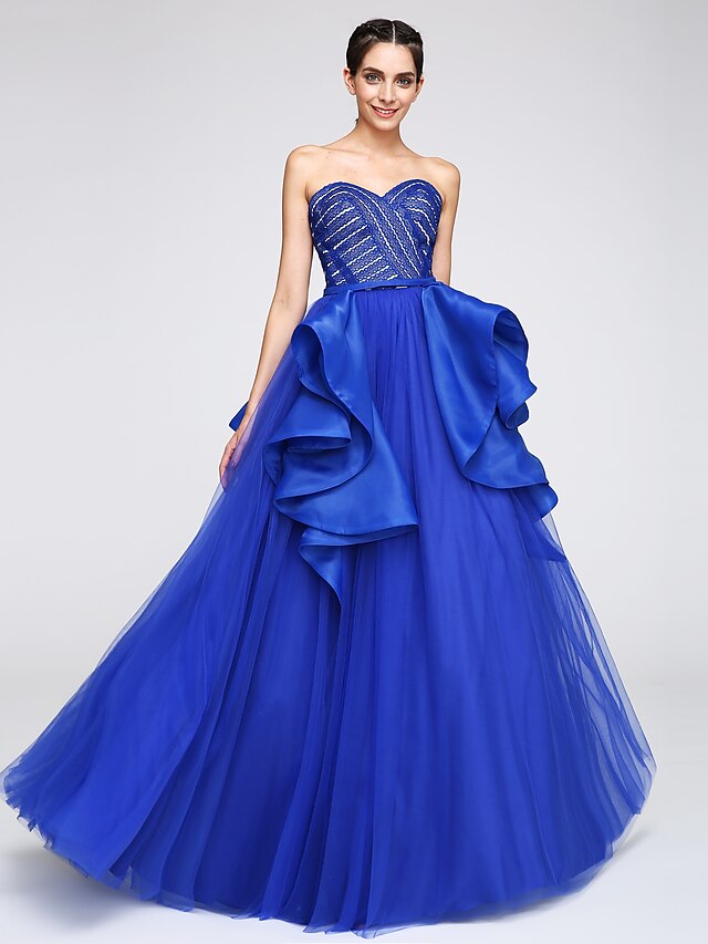  A-Line Sweetheart Neckline Floor Length Tulle Sparkle & Shine Prom / Formal Evening Dress with Lace by TS Couture®