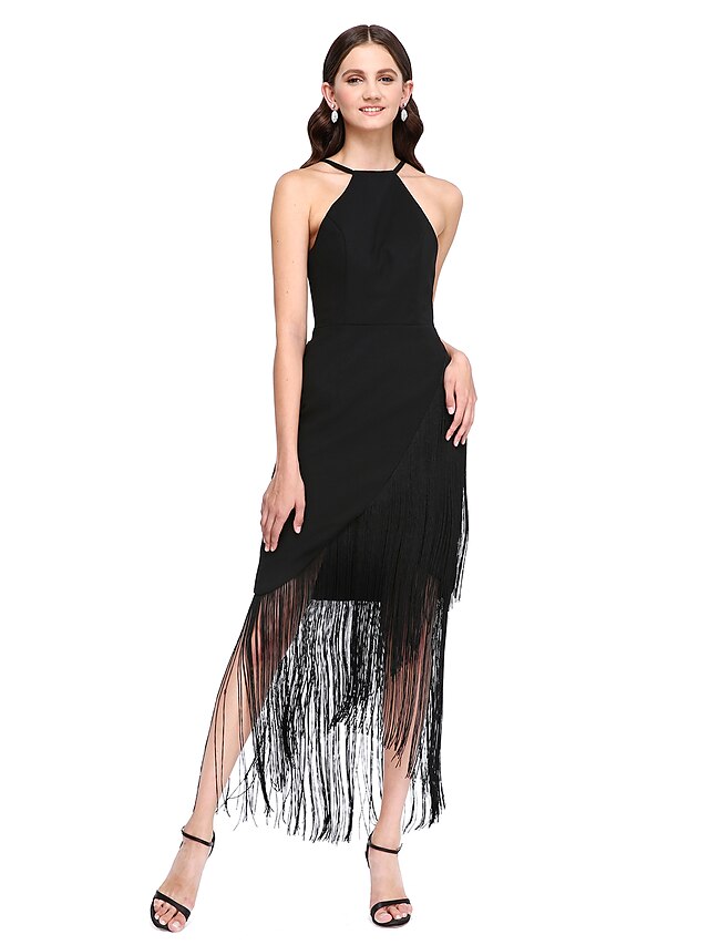  Sheath / Column Bridesmaid Dress Jewel Neck Sleeveless Little Black Dress Asymmetrical Georgette with Ruffles 2022