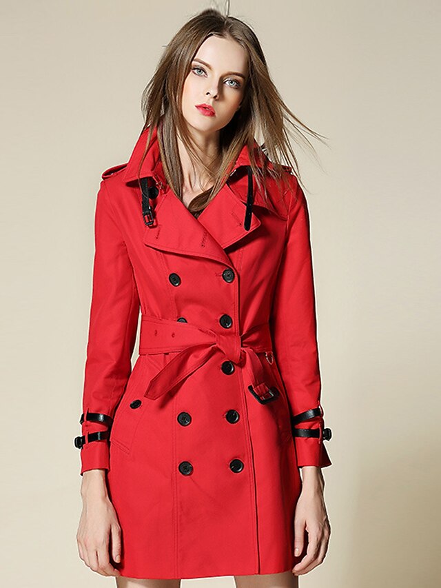  בגדי ריקוד נשים בלשית לבוש יומיומי סתיו אביב ארוך מעיל דש רשמי שיק ומודרני Jackets שרוול ארוך אחיד סגנון מודרני אדום