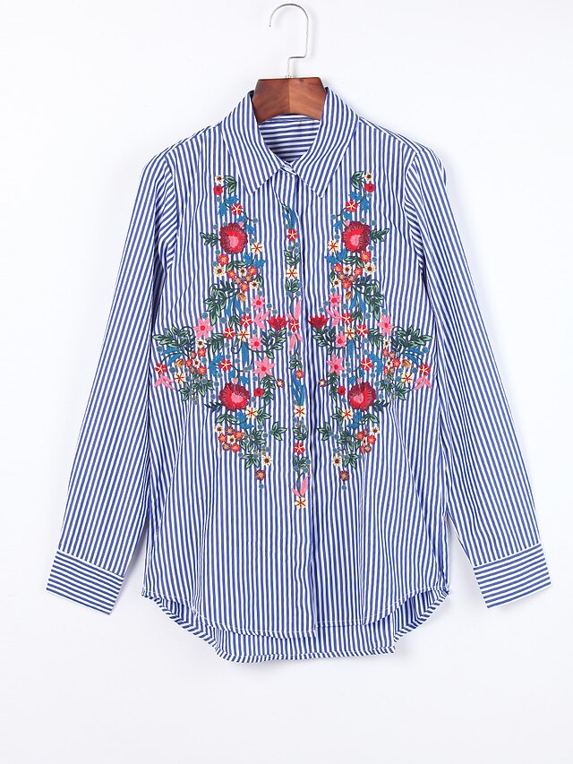  Women's Chinoiserie Cotton Shirt - Embroidered Shirt Collar Blue / Fall / Embroidery / Fine Stripe