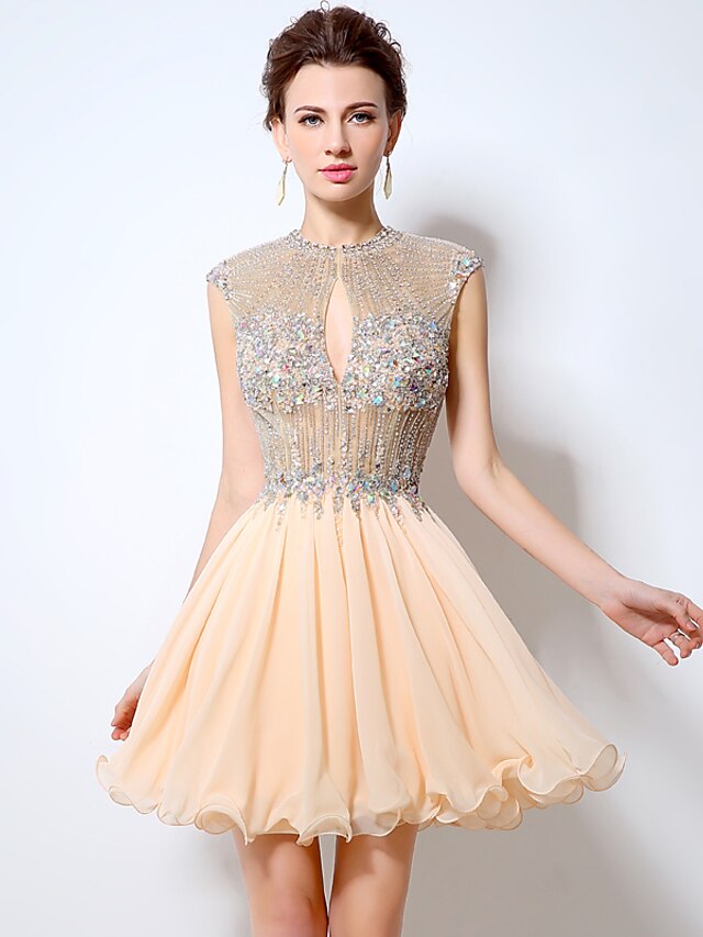  A-Line Jewel Neck Short / Mini Chiffon Cocktail Party Dress with Beading / Crystals by