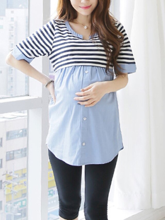  Maternity Casual Pan Color Stripes Stitching Short Sleeve Blouse