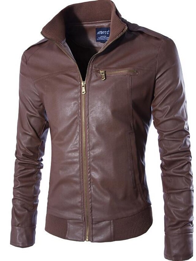  Men's Daily Wear Chic & Modern Autumn / Fall / Spring Regular Leather Jacket, Solid Color Stand Long Sleeve Leatherette Modern Style Black / Brown