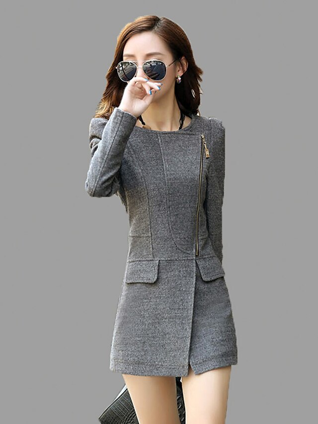  Women's Going out / Work Street chic Fall / Winter Regular Coat, Solid Color Crew Neck Long Sleeve Wool / Others Black / Gray