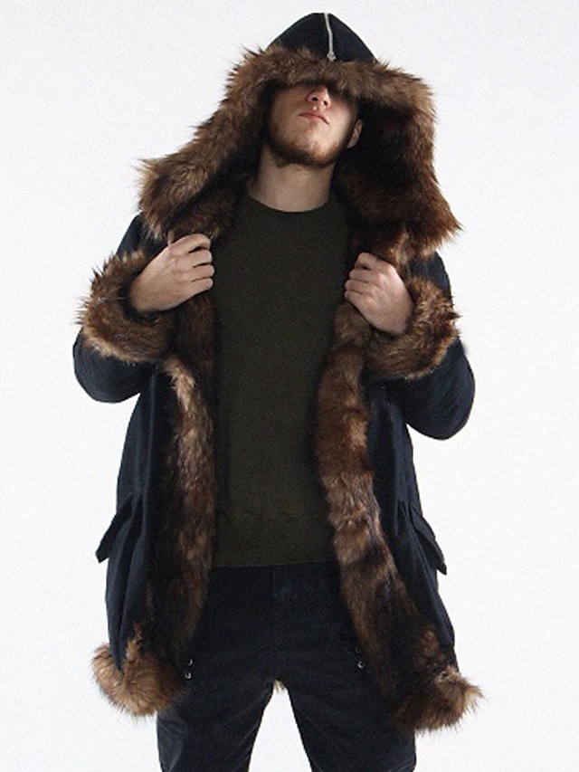  Men's Coat Winter Long Coat Jacket Long Sleeve Patchwork Black / Faux Fur / Plus Size