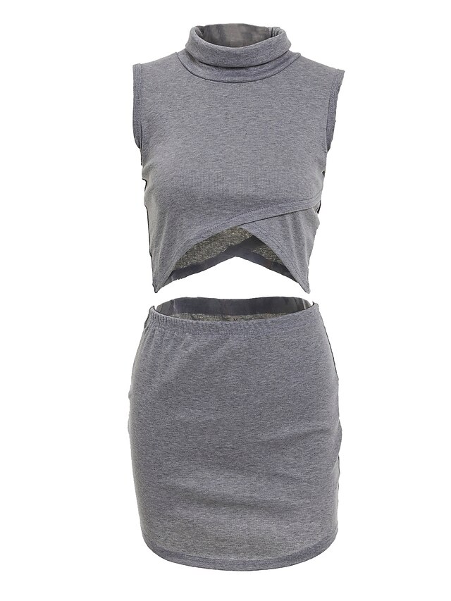  Women's Going out Cotton Short Blouse Set - Solid Colored, Cut Out Split Turtleneck / Bodycon / Fall