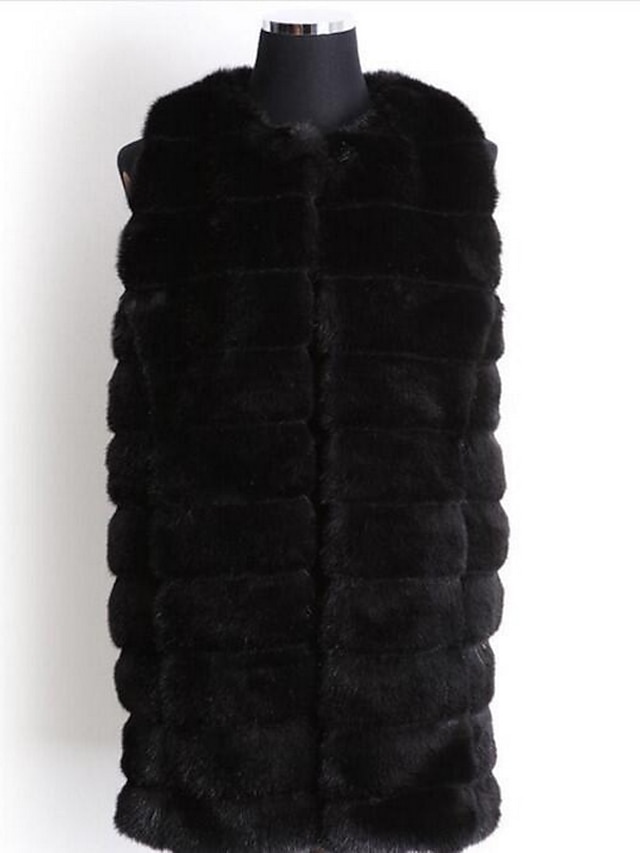  Women's Plus Size Simple Fur CoatSolid Round Neck Sleeveless Fall Beige / Black Faux Fur Medium