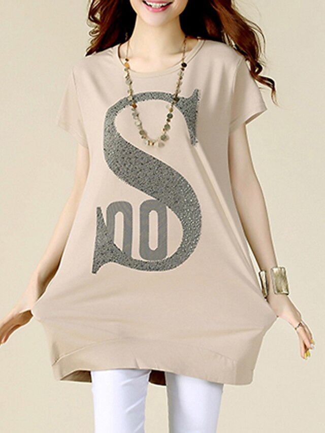  Casual / Daily T-shirt Print Short Sleeve Tops Cotton Simple Dark Pink Beige
