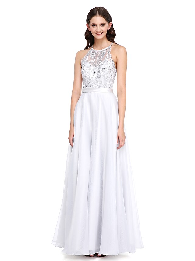  A-Line Jewel Neck Floor Length Organza Bridesmaid Dress with Beading / Appliques / Sash / Ribbon by LAN TING BRIDE®