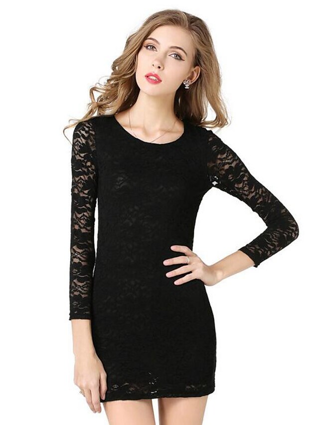  Women's Sheath Dress Long Sleeve Solid Colored Lace Spring Fall Sophisticated Party Black / Mini