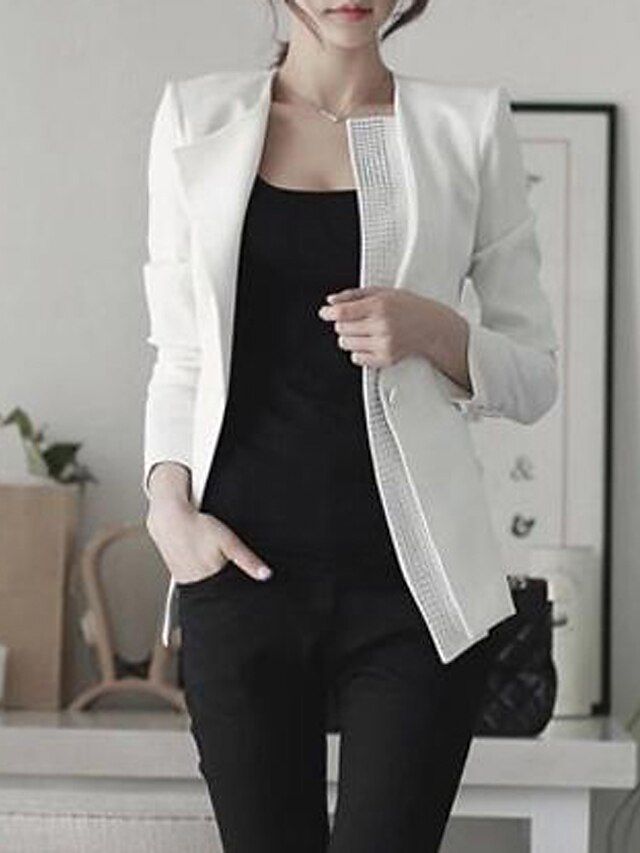 Women's Blazer Regular Solid Colored Spring Cotton White / Black