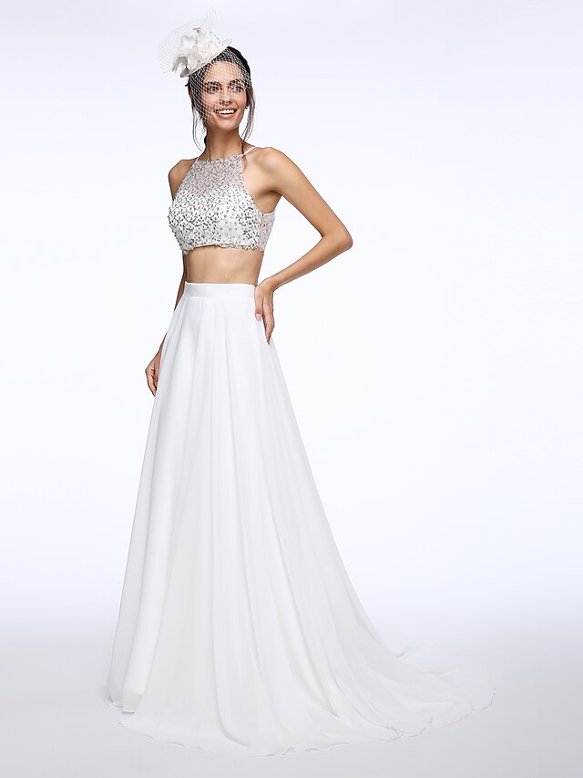  Wedding Dresses Sweep / Brush Train A-Line Sleeveless Bateau Neck Chiffon With Beading Sequin 2023 Bridal Gowns