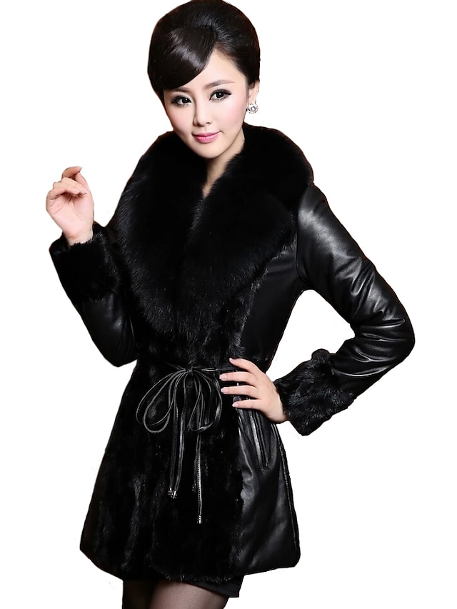  Femme Sortie Rétro Vintage Hiver Grandes Tailles Normal Veste de cuir, Couleur Pleine Col châle Manches Longues Bordure en Fourrure Noir