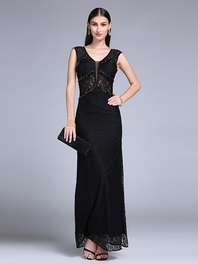  Mermaid / Trumpet Open Back Formal Evening Dress V Neck Sleeveless Floor Length Lace with Lace Split Front 2020