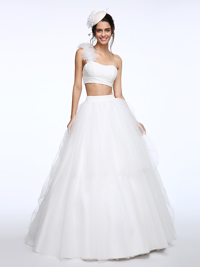  A-Line Two Piece One Shoulder Sweep / Brush Train Lace Tulle Wedding Dress with Flower by LAN TING BRIDE®